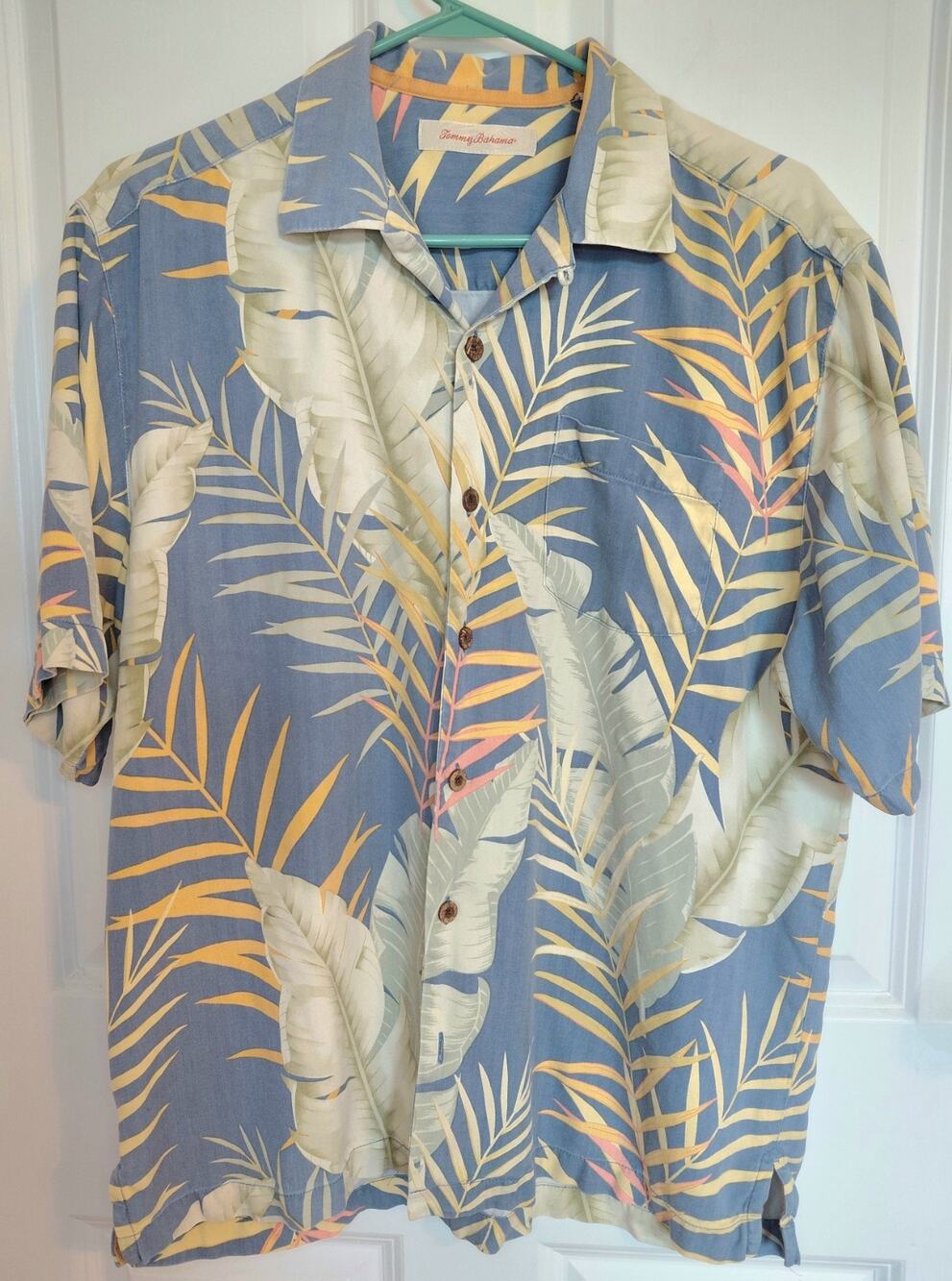 Tommy Bahama 100% Silk Hawaiian Camp Shirt Blue Tropical Palm Leaves Men's VTG